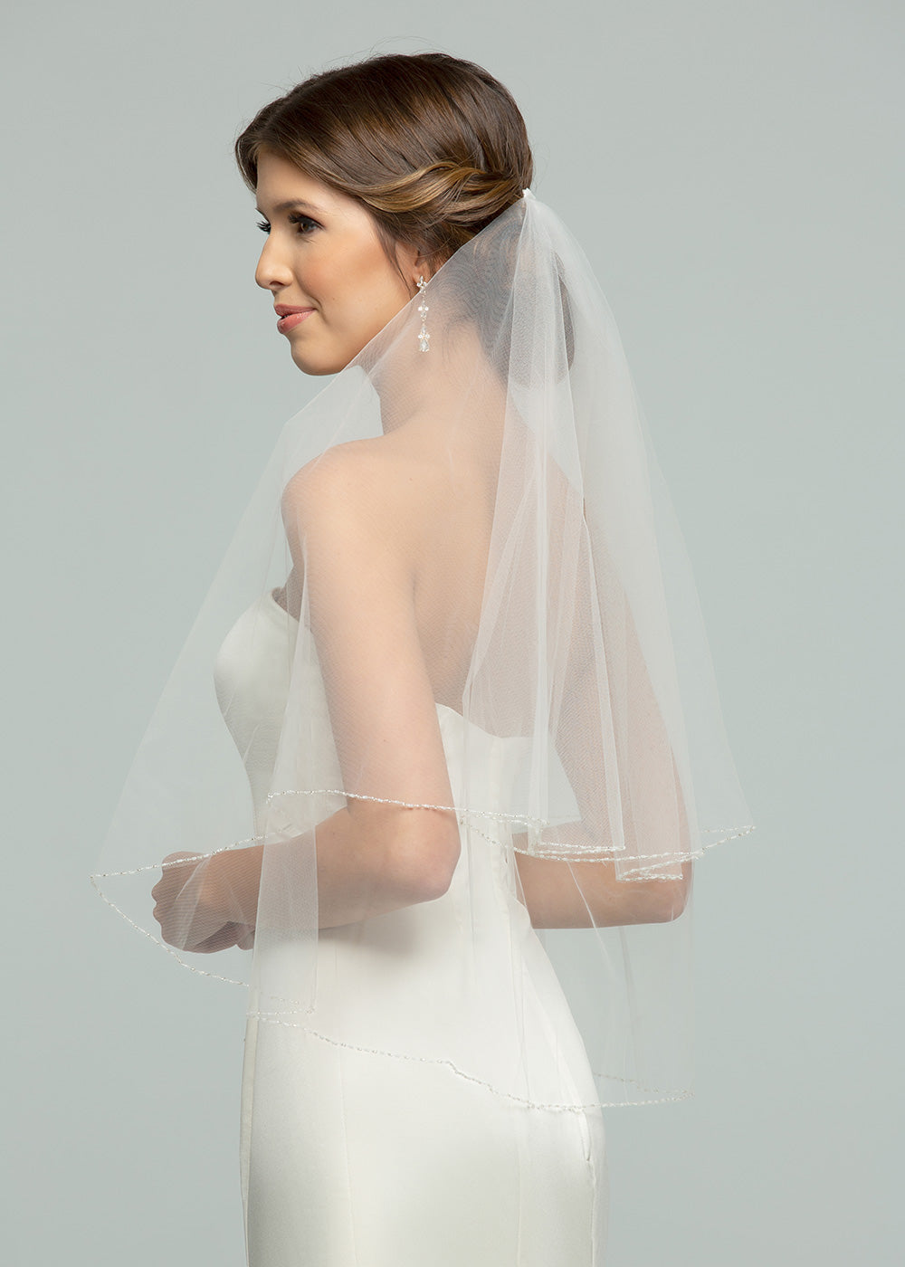 Elegant V1030 Elbow Length Wedding Veil with Delicate Beading - Perfect for Bridal Ceremonies, Photos, and Formal Events