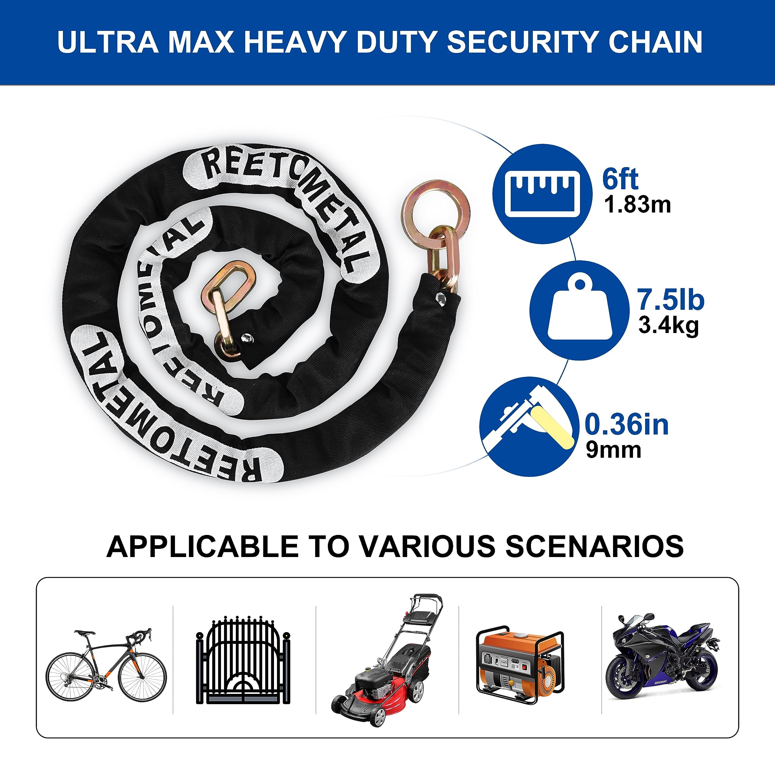 Heavy Duty Security Chain with Hidden Shackle Lock - 6 Foot x 3/8