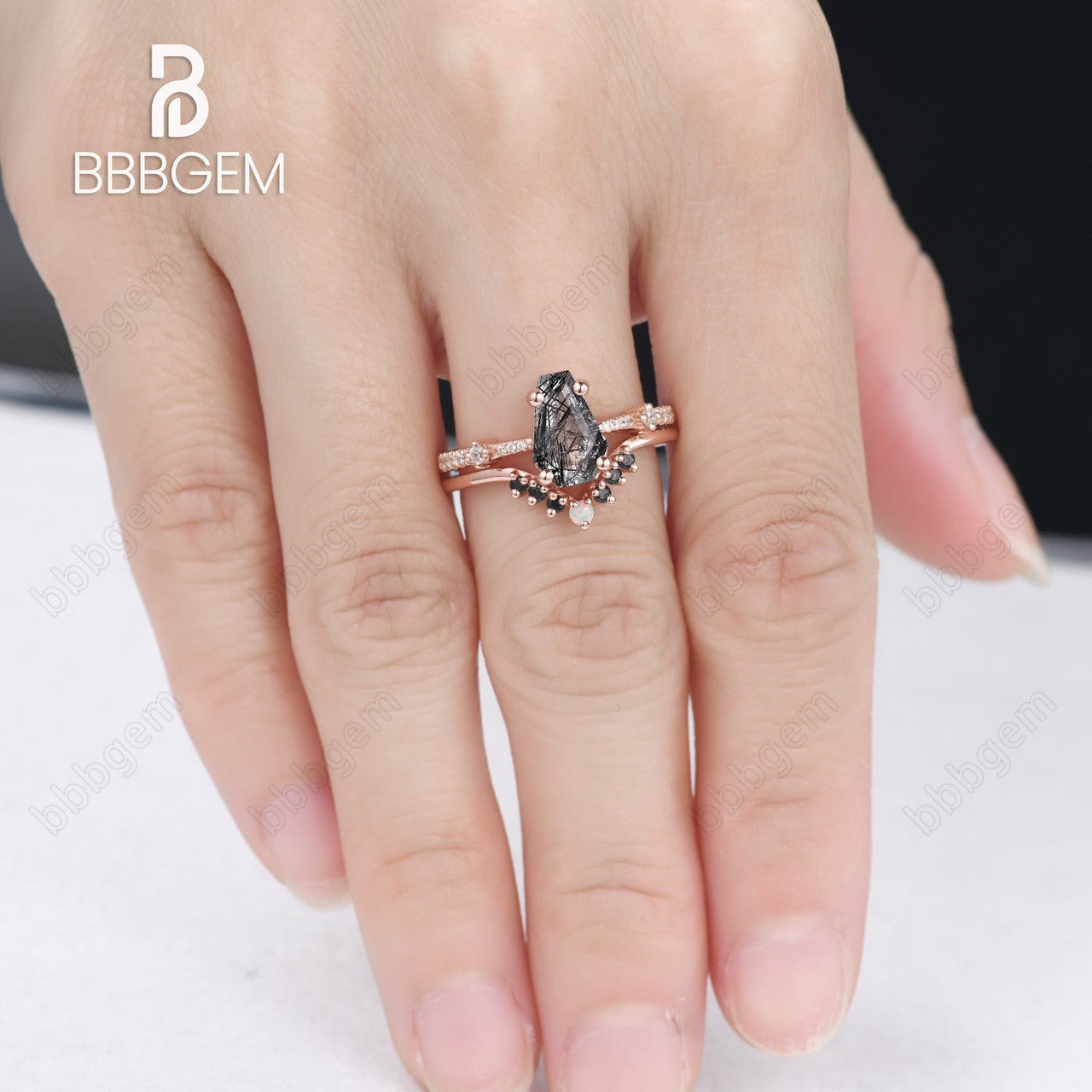 Three Stone Black Tourmaline Coffin Ring Set - Coffin Cut Black Rutilated Quartz Wedding Band - Statement Jewelry for Women - Perfect for Engagement, Anniversary & Special Occasions