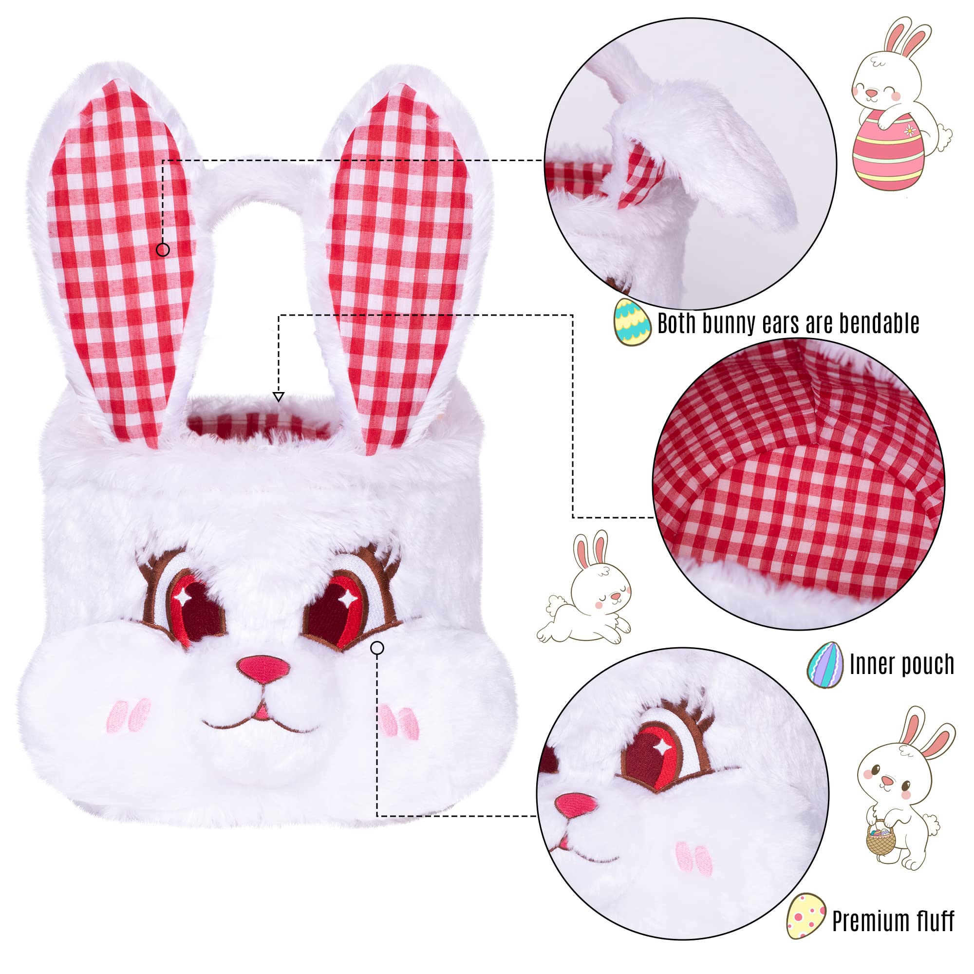 3D Cute Bunny Easter Basket for Kids - Foldable Ears & Handle, Empty Plush Bucket for Egg Hunt, Candy Storage & Easter Decor (White) - Perfect Gift for Boys, Girls & Teens - Ideal for Easter Parties, Egg Hunts & Spring Celebrations