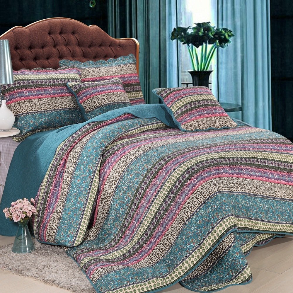 Handmade Patchwork Quilt Throw Set 3-Piece 100% Cotton Quilted Bedspread - King Size (230x250cm) + 2 Pillow Covers (50x70cm) - Boho Ethnic Blue Bed Cover Blanket for Bedroom Decor, Guest Room & Cozy Living Room Throw