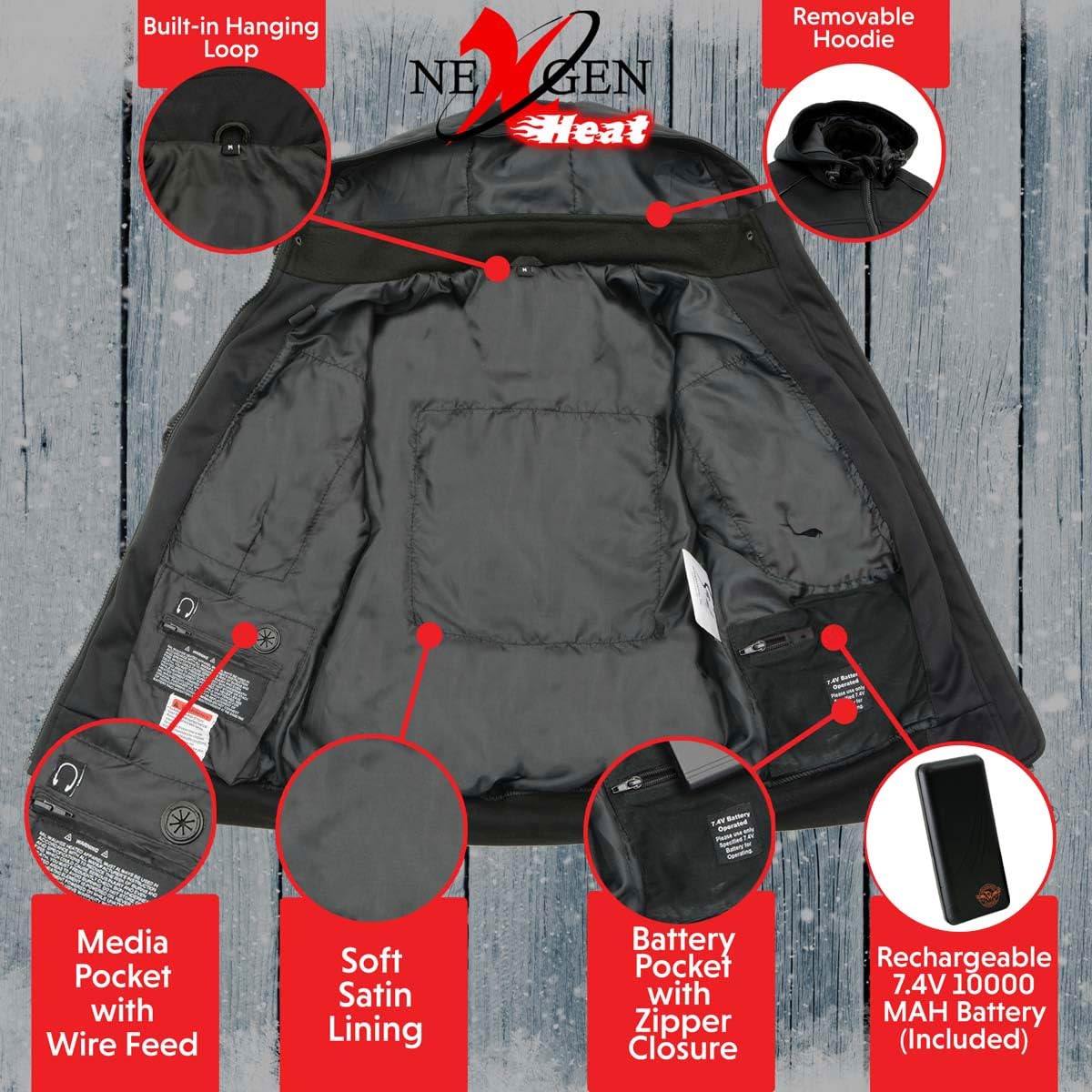 Nexgen Heat Men's MPM1761SET Black Heated Soft Shell Jacket - Winter Warm Electric Heated Jacket for Outdoor Activities, Skiing, Hiking & Cold Weather