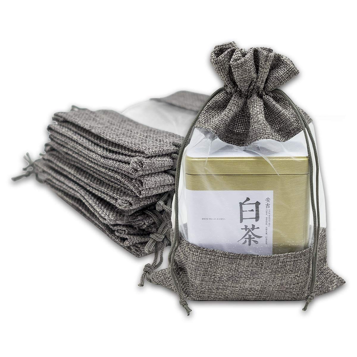 Premium 12-Pack 6.5x8.5 Inch Linen Burlap & Sheer Organza Drawstring Gift Bags - Elegant Party Favors, Wedding Gifts, Sample Pouches & Treat Bags (Gray, Large) for Birthdays, Bridal Showers & Corporate Events