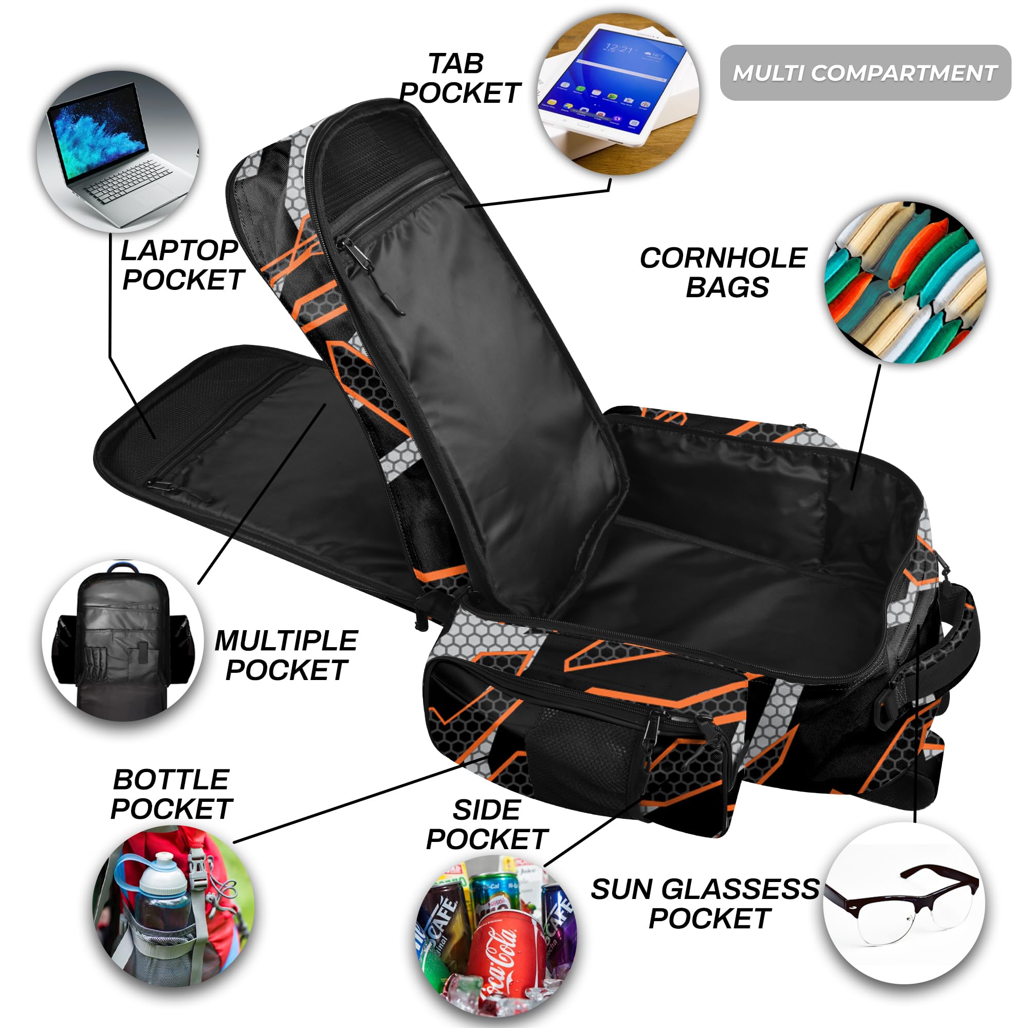 FIGHTSENSE Camo Orange Cornhole Backpack - Holds 24 Bags with Multiple Pockets, Durable Carrying Case for Cornhole Bags | Perfect for Tailgating, Beach Games & Outdoor Parties