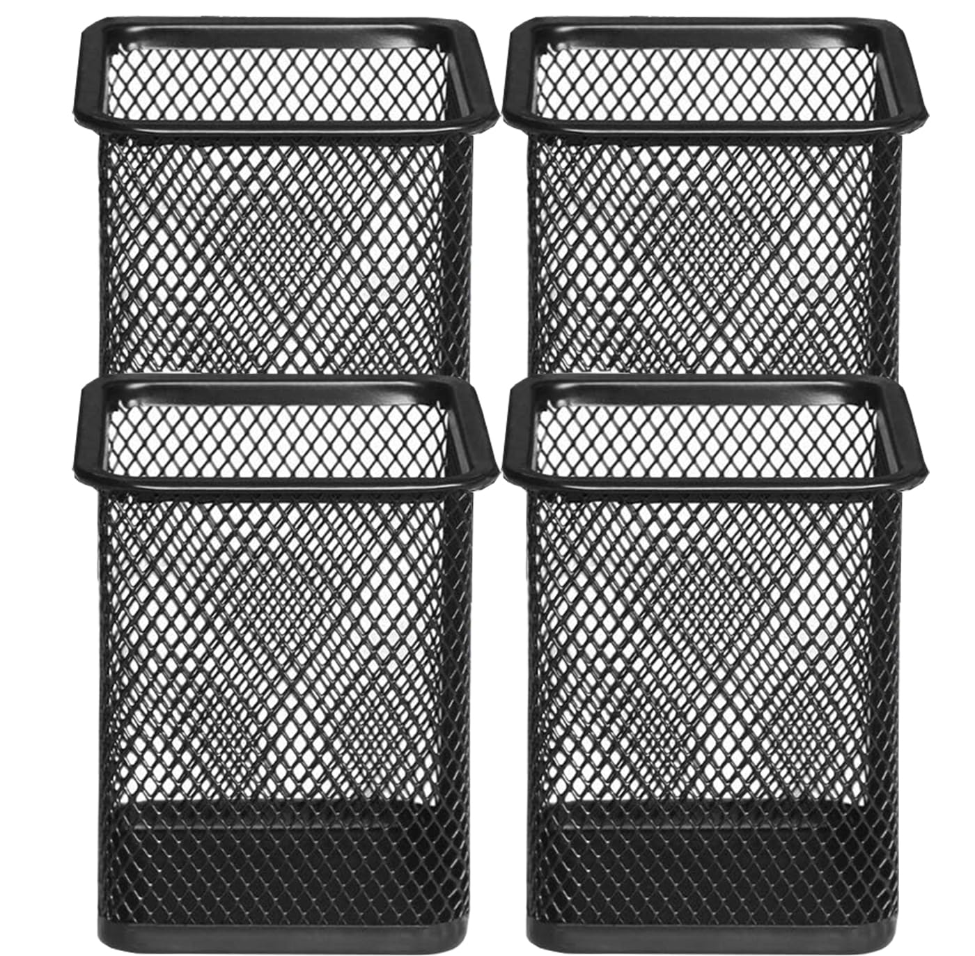 Metal Pen Holder Cup - 4 Pack Black Square Desk Organizer for Pens & Pencils | Office, Home, School & Workspace Stationery Storage Solution