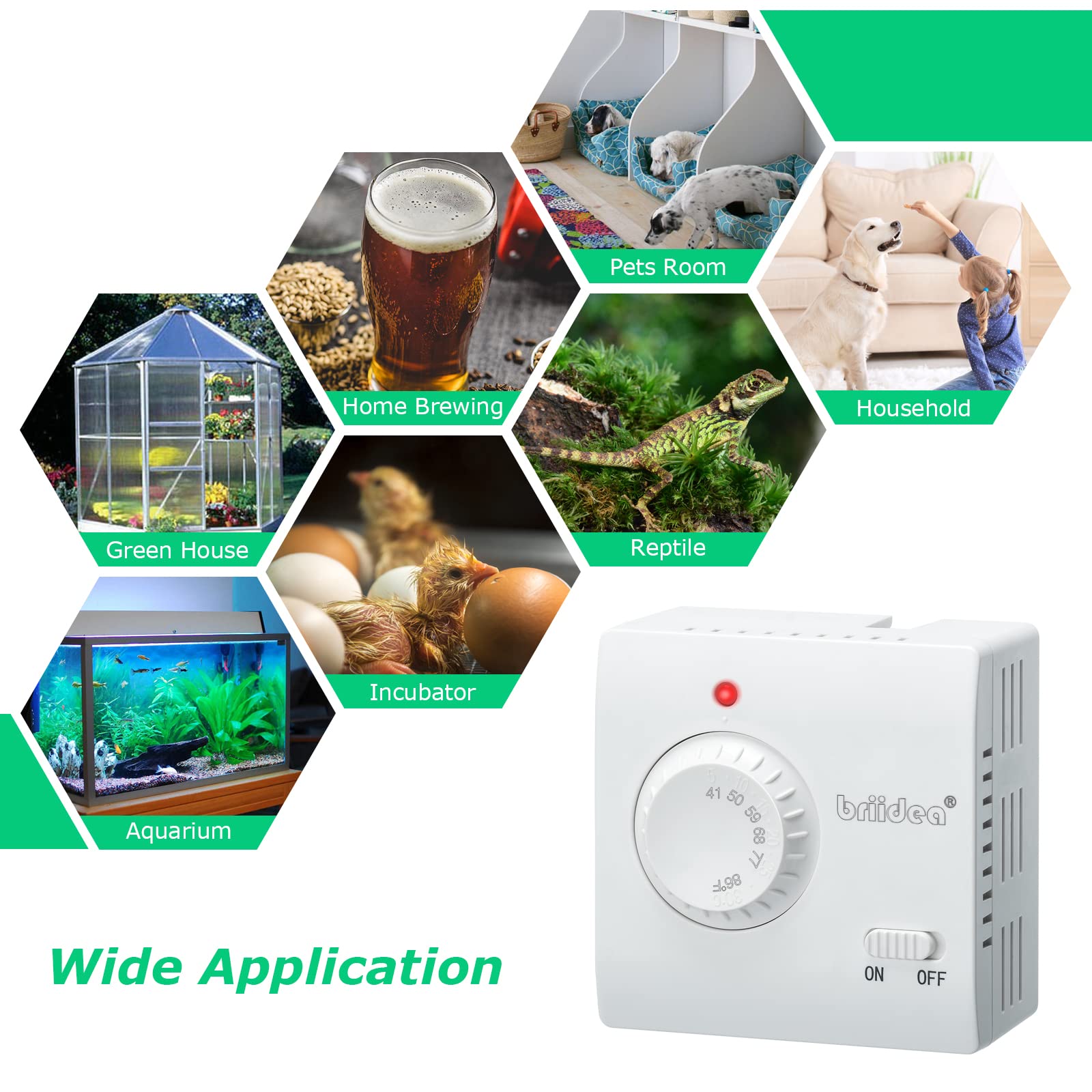 Briidea Adjustable Plug-in Thermostat for Heating & Cooling - Digital LED Display, Compatible with Space Heaters, AC Units, Fans - Perfect for Home, Reptile Tanks & Greenhouses (Energy Saving Temperature Control)
