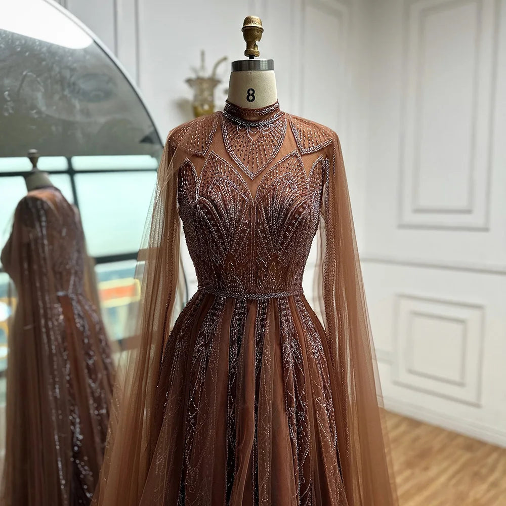 Luxury Brown Beaded Evening Gown with Cape - Arabic Style Formal Dress LA72951 for Wedding, Gala & Special Occasions