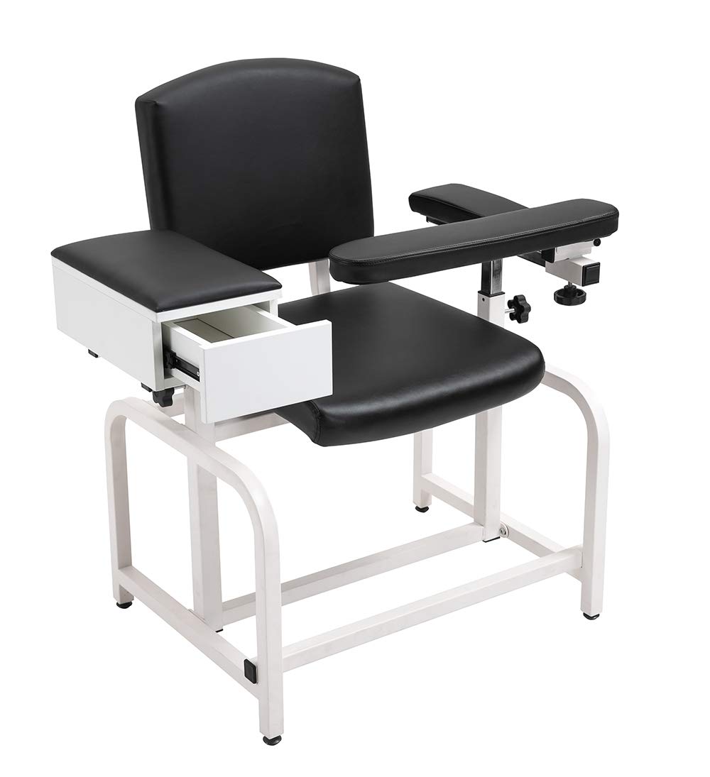 Medical Lab Blood Drawing Chair with Adjustable Padded Flip Arm & Storage Drawer - Black - Perfect for Phlebotomy Clinics, Hospitals & Diagnostic Centers