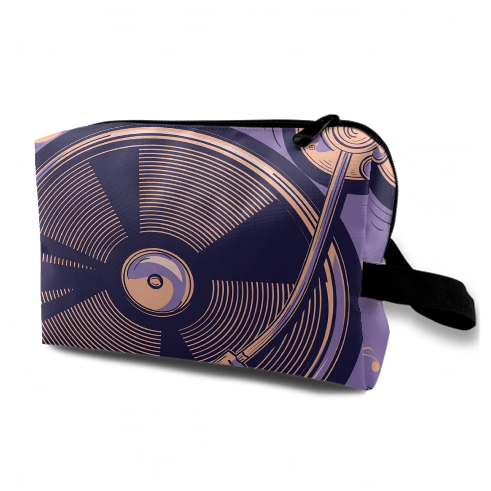 TropicalLife Vinyl Record Pattern Large Cosmetic Bag - Waterproof Travel Makeup Organizer with Zipper & Handle Strap | Portable Toiletry Pouch for Women, Perfect for Vacation, Gym & Daily Essentials Storage