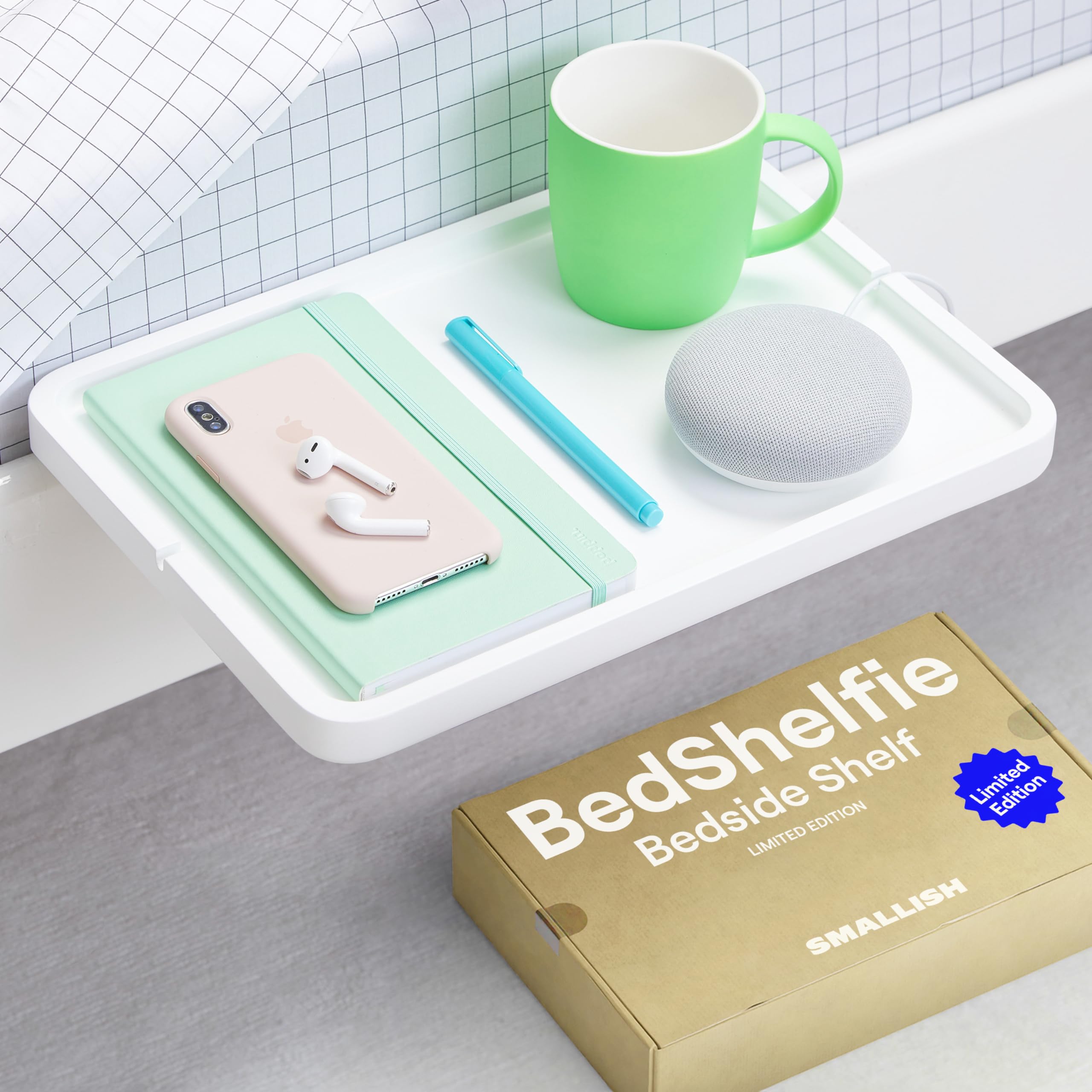 BedShelfie Clip-On Bedside Shelf for Bunk Beds & Loft Beds - White Wood Floating Nightstand with Snack Organizer | College Dorm Essentials, Space-Saving Storage Solution for Books, Phone & Drinks