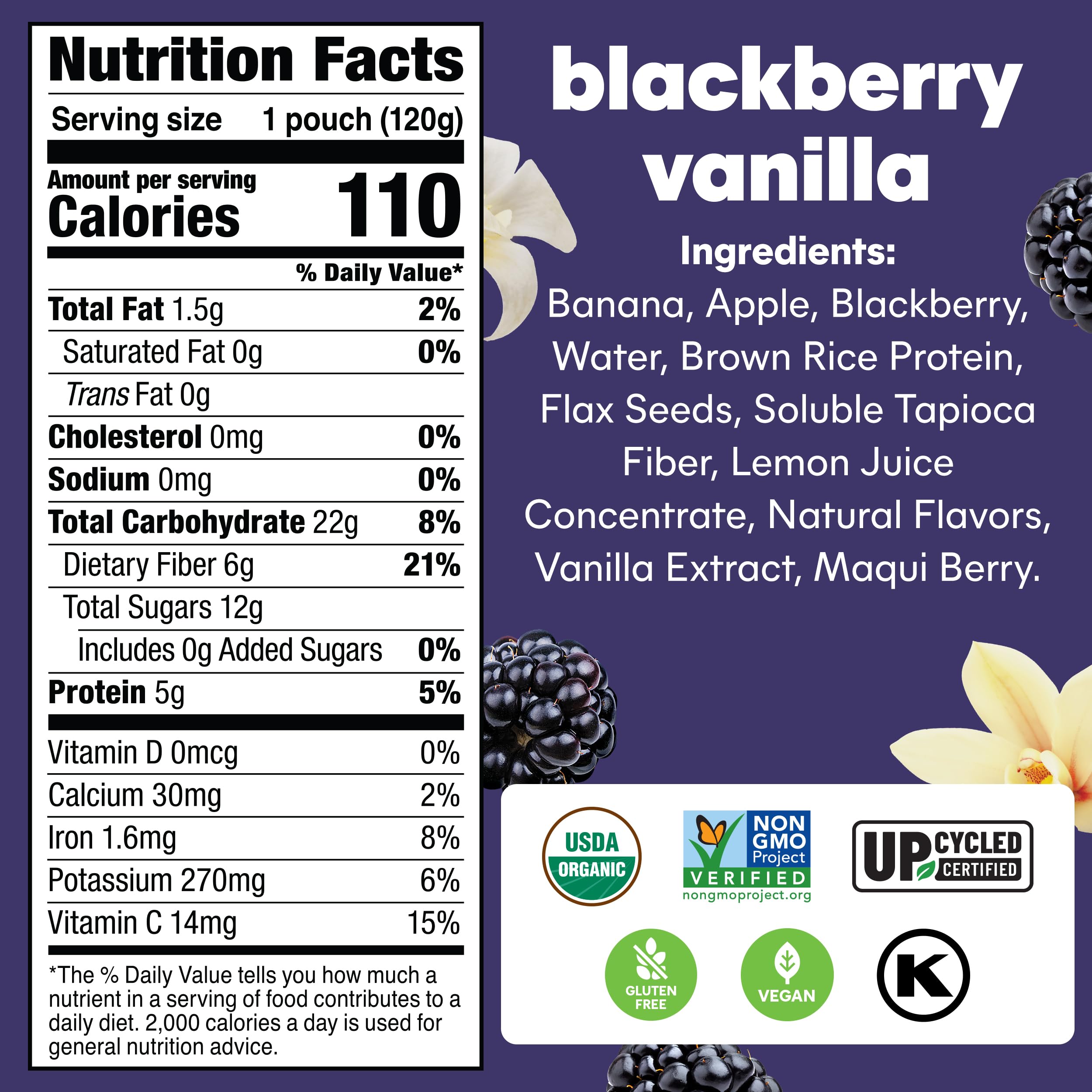 Organic Blackberry Vanilla Superfood Smoothie Pouches - Vegan, Gluten-Free Snacks with Flax Seed, Plant Protein & Prebiotic Fiber | Healthy On-the-Go Fruit Puree for Kids & Adults | 4.22 oz (12 Count) | Perfect for Lunchboxes, Hiking & Post-Workout Nutrition