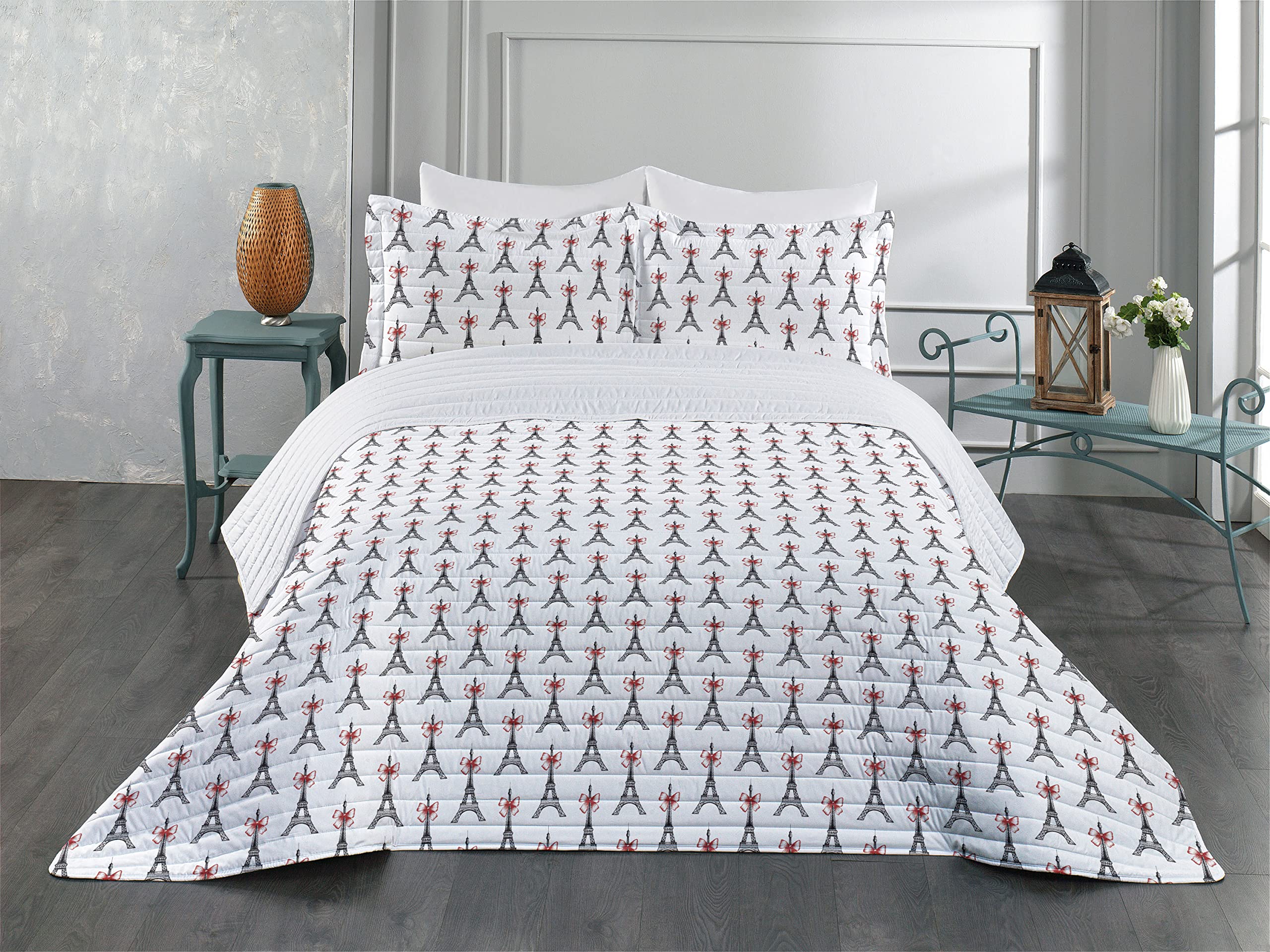 Ambesonne Eiffel Tower Microfiber Bedspread Set - Parisian Sketch Art Design with Bowties, Queen Size Soft Bedding Set Includes Comforter & Pillow Shams in Ruby Black White | Perfect for Paris-Themed Bedrooms, Travel Enthusiasts & Home Decor