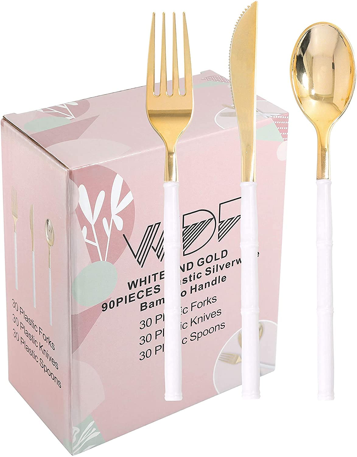 90-Piece Gold Plastic Silverware Set - 50 Gold Plastic Plates & Disposable Cutlery for Parties, Weddings, and Events - Elegant Disposable Dinnerware for Catering, Banquets, and Special Occasions