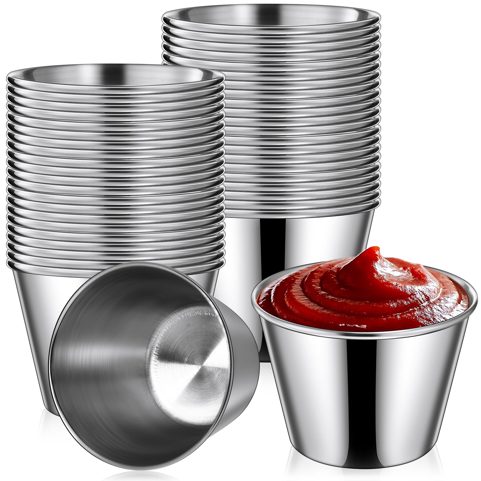 24-Piece 2.5 oz Stainless Steel Ramekins - Metal Sauce Cups & Condiment Dipping Bowls for Kitchen, Restaurant, Catering, Camping, BBQ & Parties - Perfect for Vinegar, Butter, Ice Cream & More