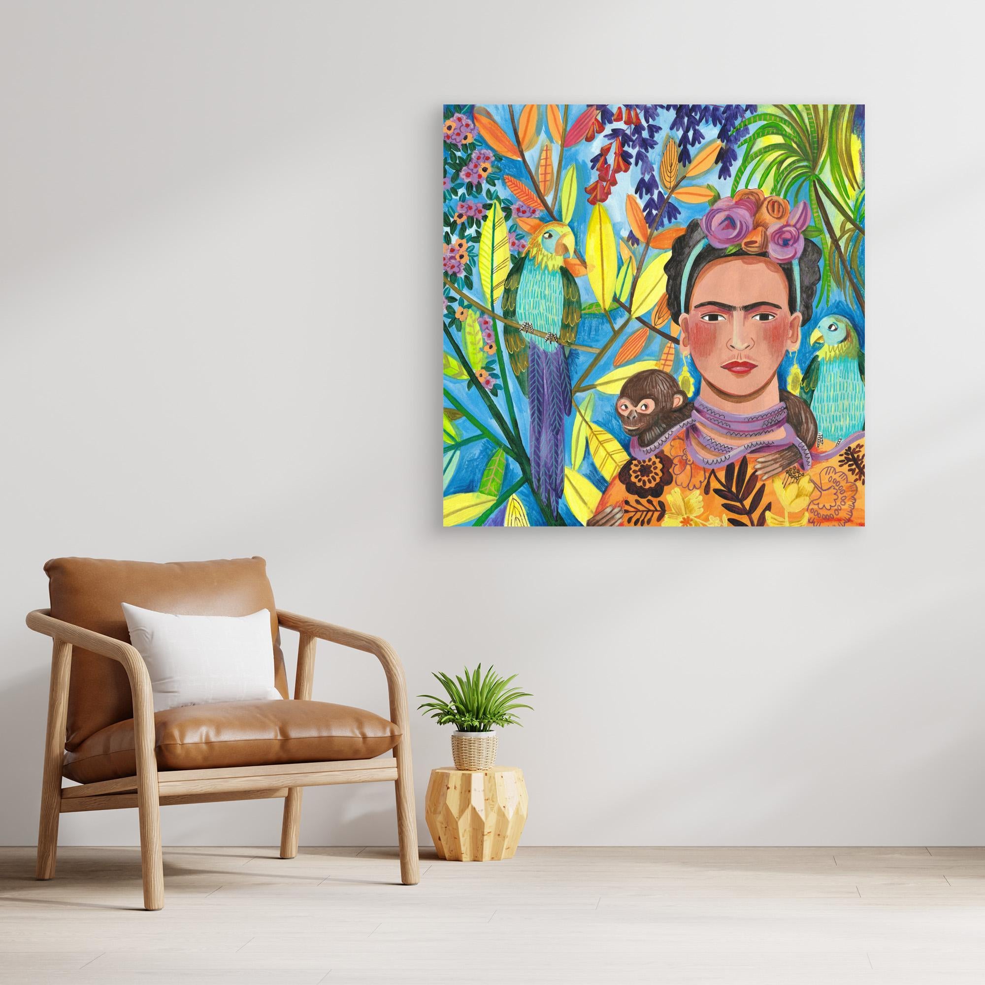 Frida and Her Parrots Canvas Print by Caroline Bonne Müller - Vibrant Wall Art for Living Room, Bedroom & Office Decor