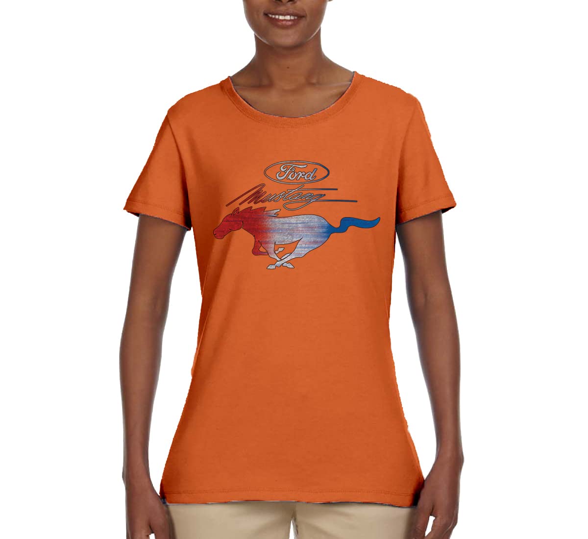 Ford Mustang Graphic T-Shirt for Women - USA Flag & Mustang Emblem Design - Perfect for Car Enthusiasts, Road Trips, and Casual Wear