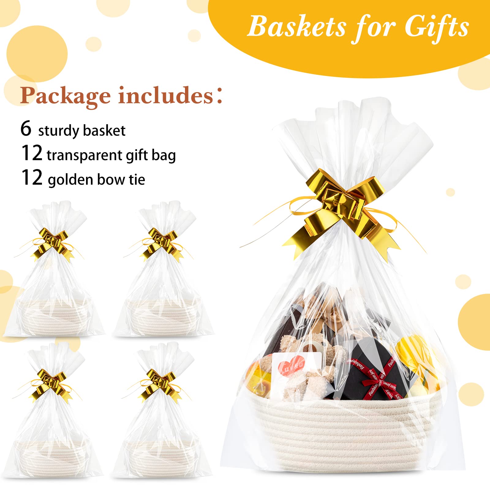 6 Sizes Woven Storage Basket with Gift Bags & Gold Bows - Soft Cotton Rope Handled Basket for Baby Toys, Home Organization - Perfect for Easter, Birthday, Christmas Gifts & Nursery Decor