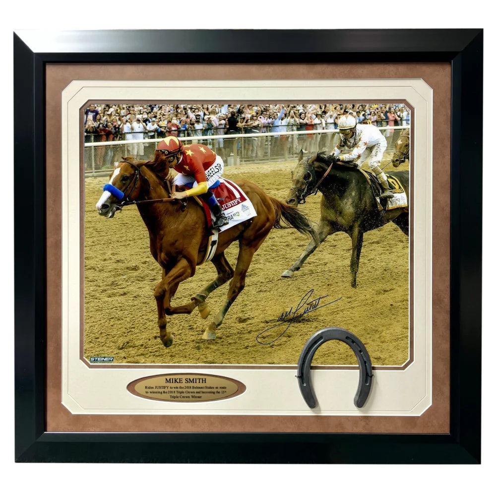 Mike Smith Signed Justify 16x20 Framed Photo with Steiner COA - Triple Crown Horse Racing Autograph Memorabilia - Perfect for Belmont Stakes Fans & Sports Collectors Display