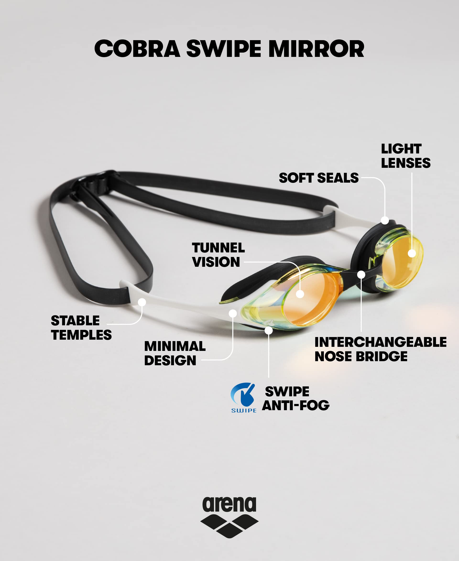 ARENA Unisex Adult Cobra Swipe Anti-Fog Racing Swim Goggles - Polycarbonate Mirror/Non-Mirror Lens - Hydrodynamic Design for Competitive Swimming & Triathlon Training