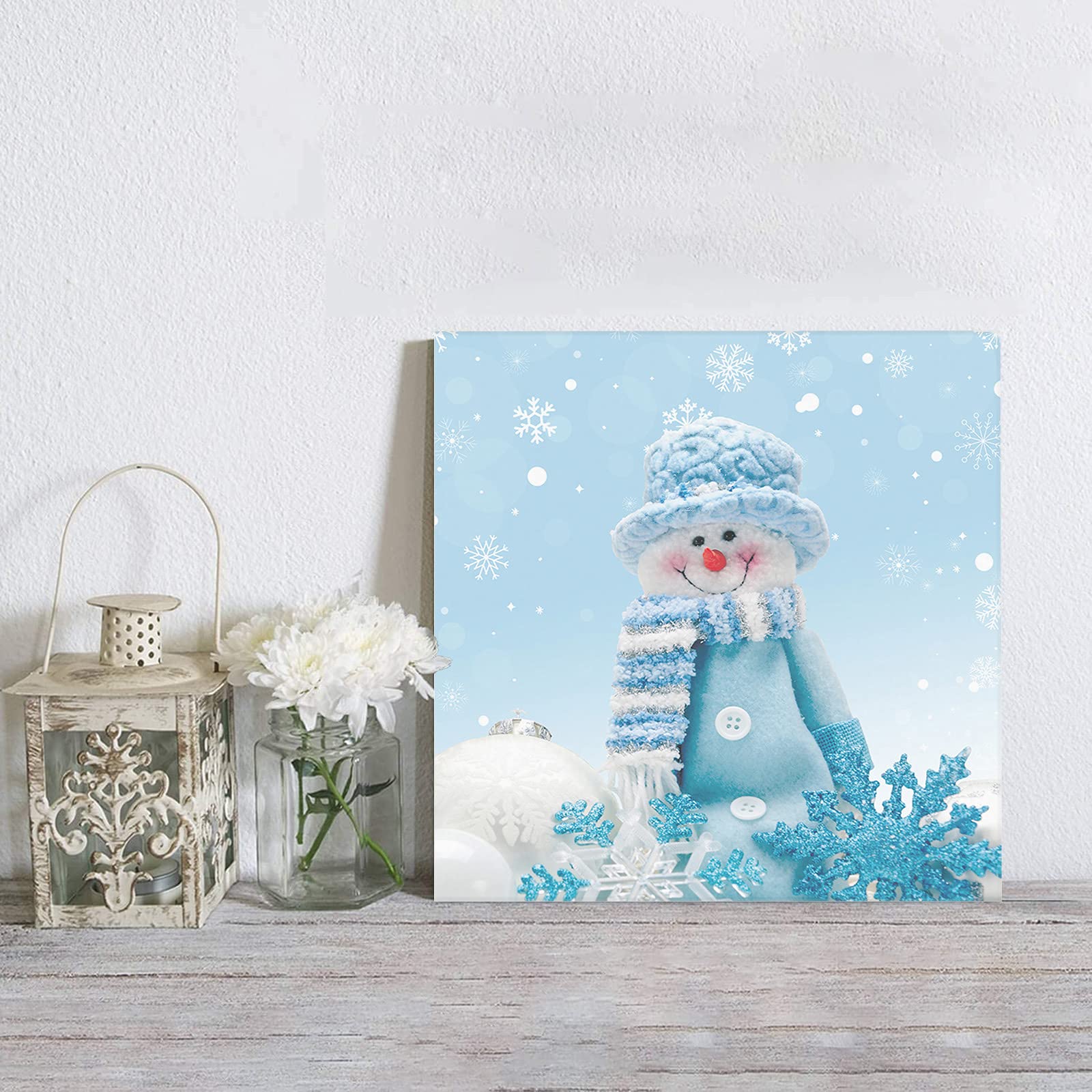 Christmas Canvas Wall Art - 28x28in Framed Winter Snowman Painting, Modern Home Decor for Living Room & Bedroom | Perfect Holiday Gift & Seasonal Home Decoration