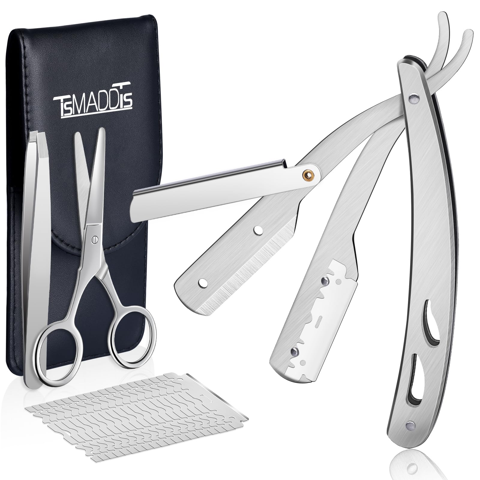 Professional Straight Razor Kit for Men - TSMADDTS Silver Straight Edge Razor with 20 Single Edge Blades, Scissors, Tweezers & Leather Holder - Perfect for Barber Shaving, Grooming & Beard Care