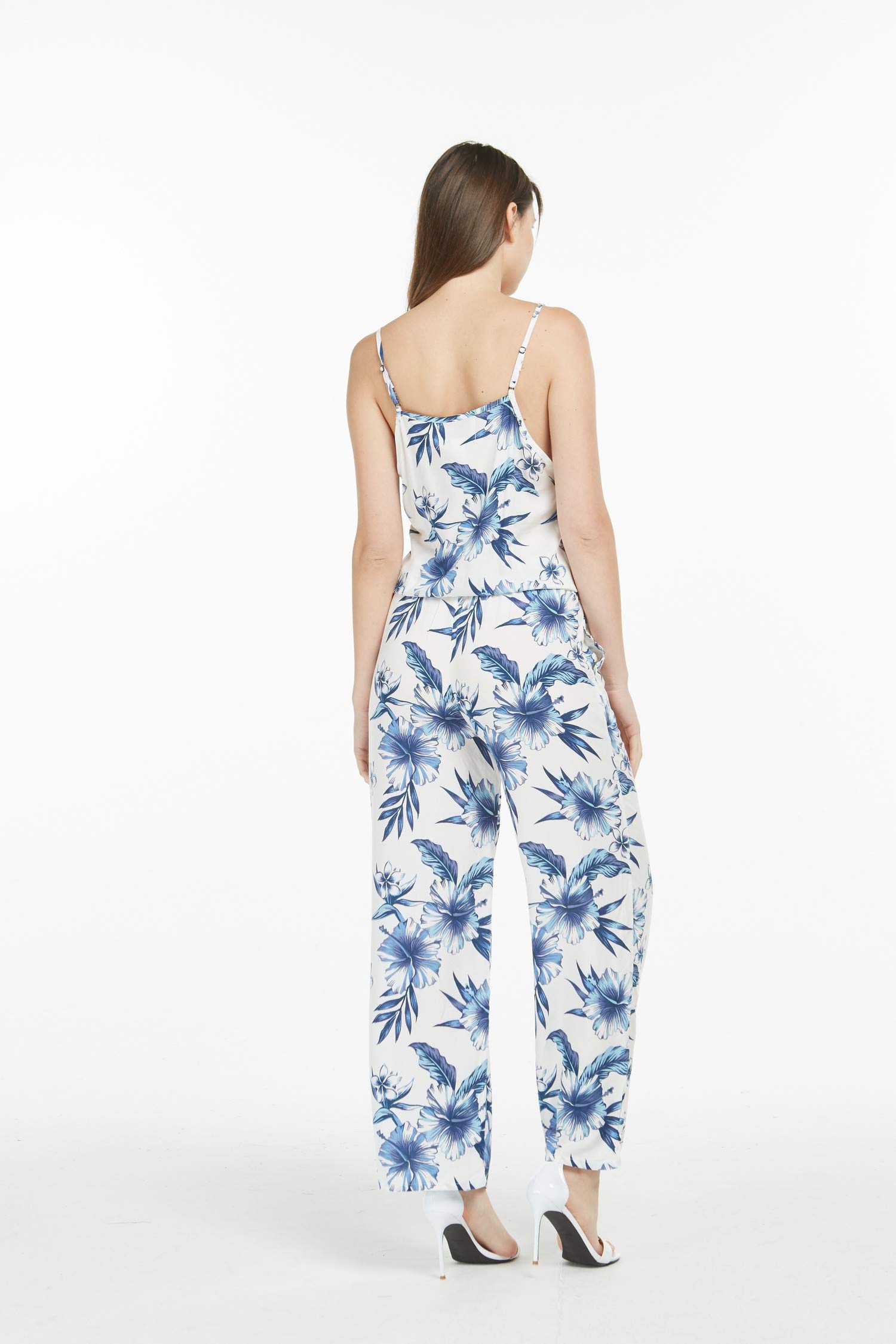 Women's Hawaiian Strap V-Neck Jumpsuit with Pockets - Simply Blue Leaves Print | Beach Cover Up, Summer Vacation Outfit, Tropical Party Dress