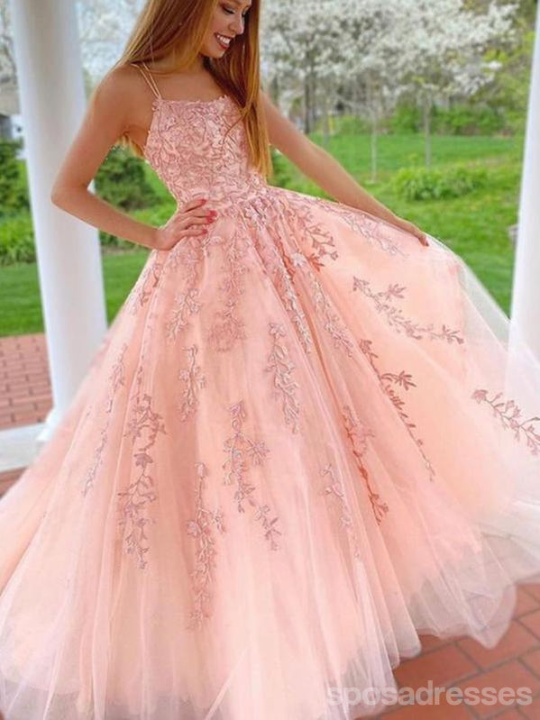 Elegant Peach Lace A-Line Spaghetti Strap Long Prom Dress for Women - Perfect for Homecoming, Formal Dances & Special Occasions