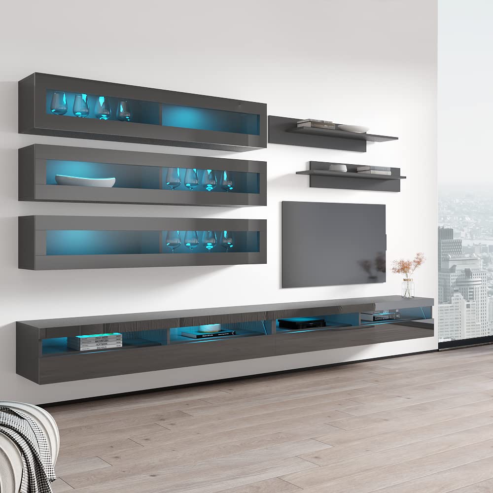 Modern Gray Wall-Mounted TV Stand with Storage Shelves & LED Lights - Floating Entertainment Center Console for Bedroom & Living Room - Perfect for Small Spaces & Home Theater Setup - Meble Furniture Fly J2 35TV Stand