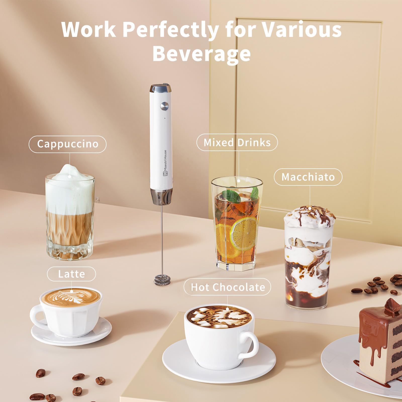 Maestri House Rechargeable Milk Frother - Handheld Electric Foam Maker for Lattes & Cappuccino, Waterproof & Detachable Stainless Steel Whisk, Drink Mixer & Foamer - Perfect for Coffee Shops, Home Baristas & Office Use