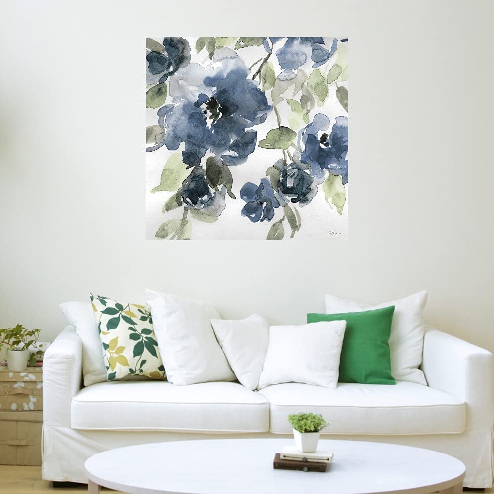 Botanical Wall Art Canvas - Blue Indigo Floral Painting by Carol Robinson | 37x37 Inch Bathroom & Bedroom Decor | Modern Plant-Themed Home Artwork for Living Spaces