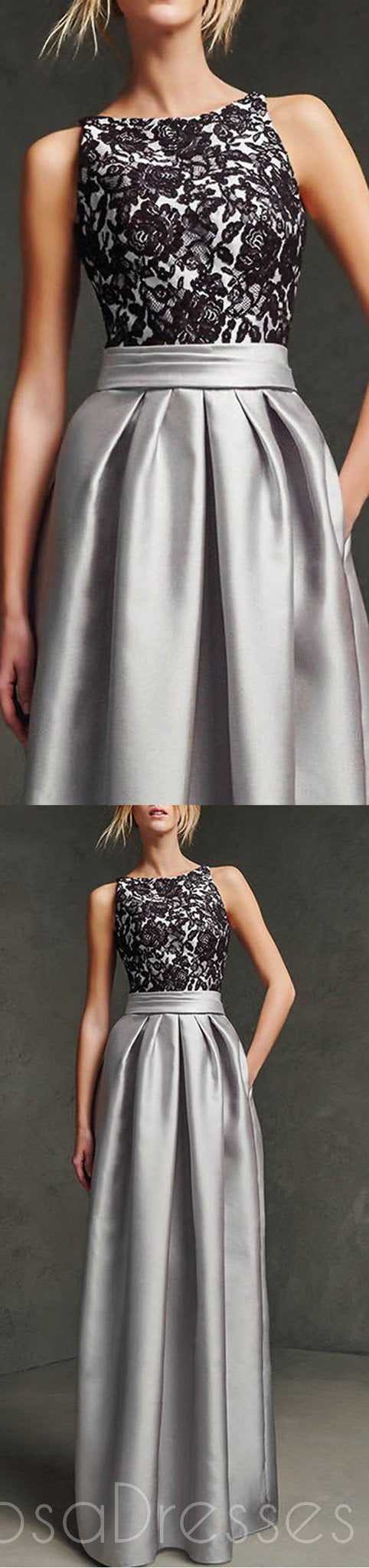 Elegant Gray Prom Dresses for Women - Long Sleeveless Simple Black Lace Formal Gowns | Unique Pretty Homecoming Dresses for Prom Night & Special Occasions