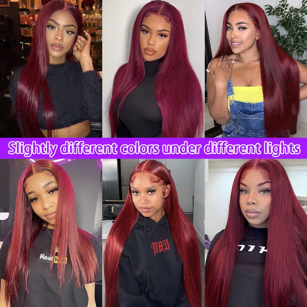 CHEETAHBEAUTY 99j Burgundy 28Inch Lace Front Wig - 13x6 Brazilian Virgin Straight Human Hair Wig for Women (220% Density, Pre-Plucked with Baby Hair) | Perfect for Cosplay, Daily Wear & Special Occasions