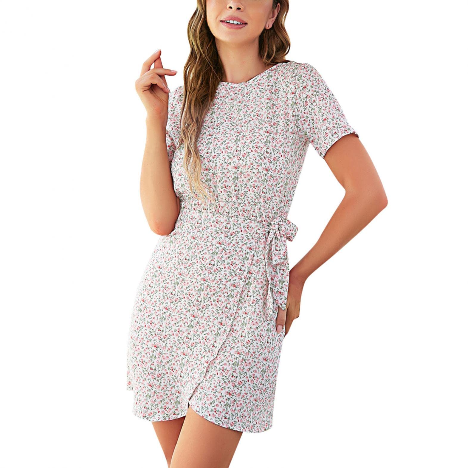 Women's Floral Tie Front Ruffle Mini Dress - V Neck Short Sleeve Party & Casual Dress - Sexy A-Line Flare Dress for Date Night, Club, Summer Outfits & Special Occasions