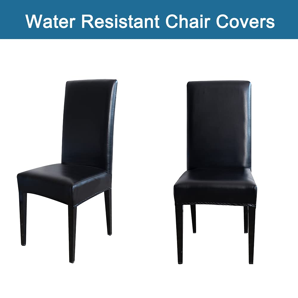 LYGOOH 4-Pack Black PU Leather Dining Chair Covers - Waterproof, Oilproof, Stretchable Slipcovers for Kitchen, Living Room & Office Chairs - Easy to Clean & Decorative Seat Protectors