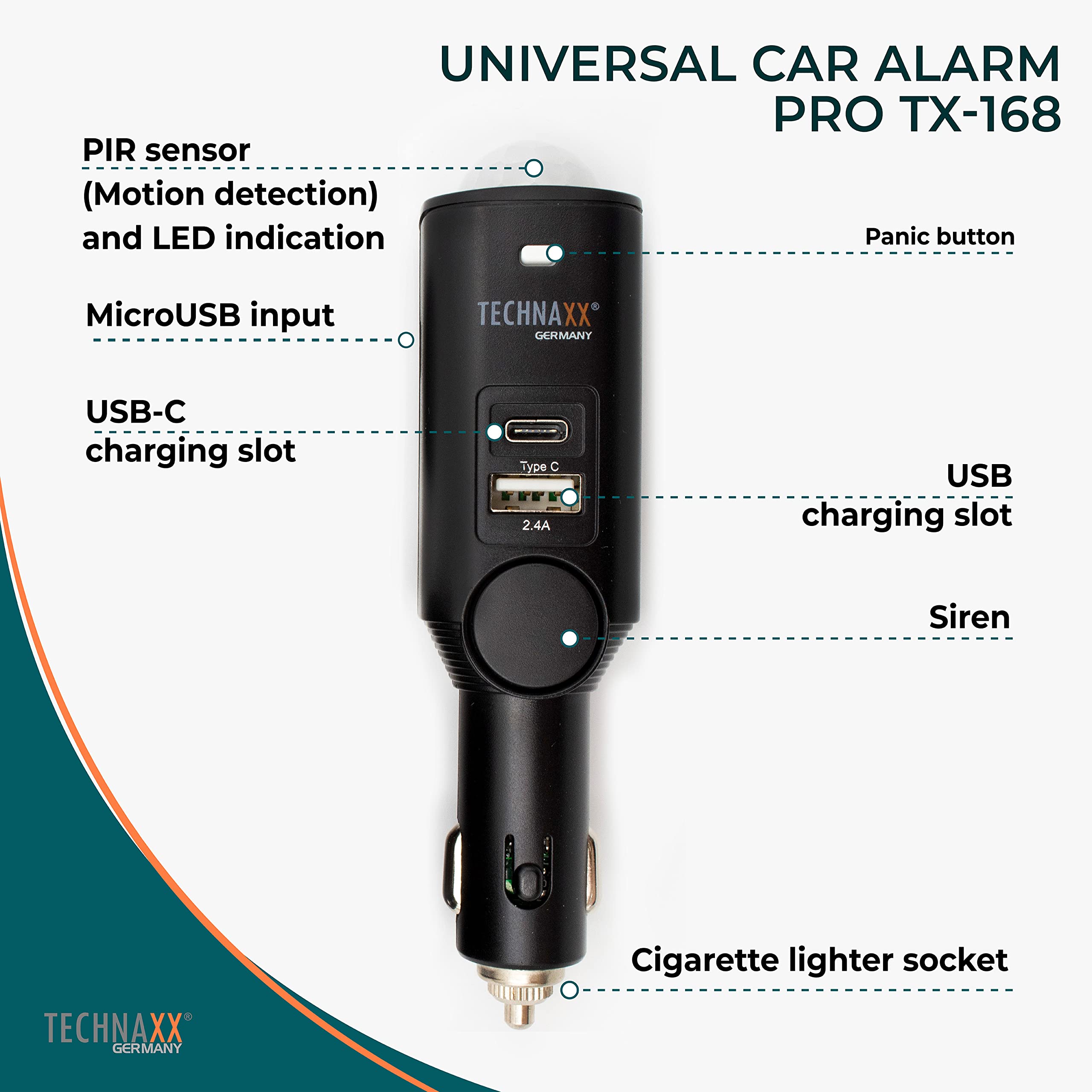 Technaxx TX-168 Car Alarm System with PIR Motion Sensor - 105dB Siren for Vehicles, Vans & Home Security - 2 USB Ports & 7-Day Battery Life - Black | Anti-Theft Protection for Parking, Travel & Property Security