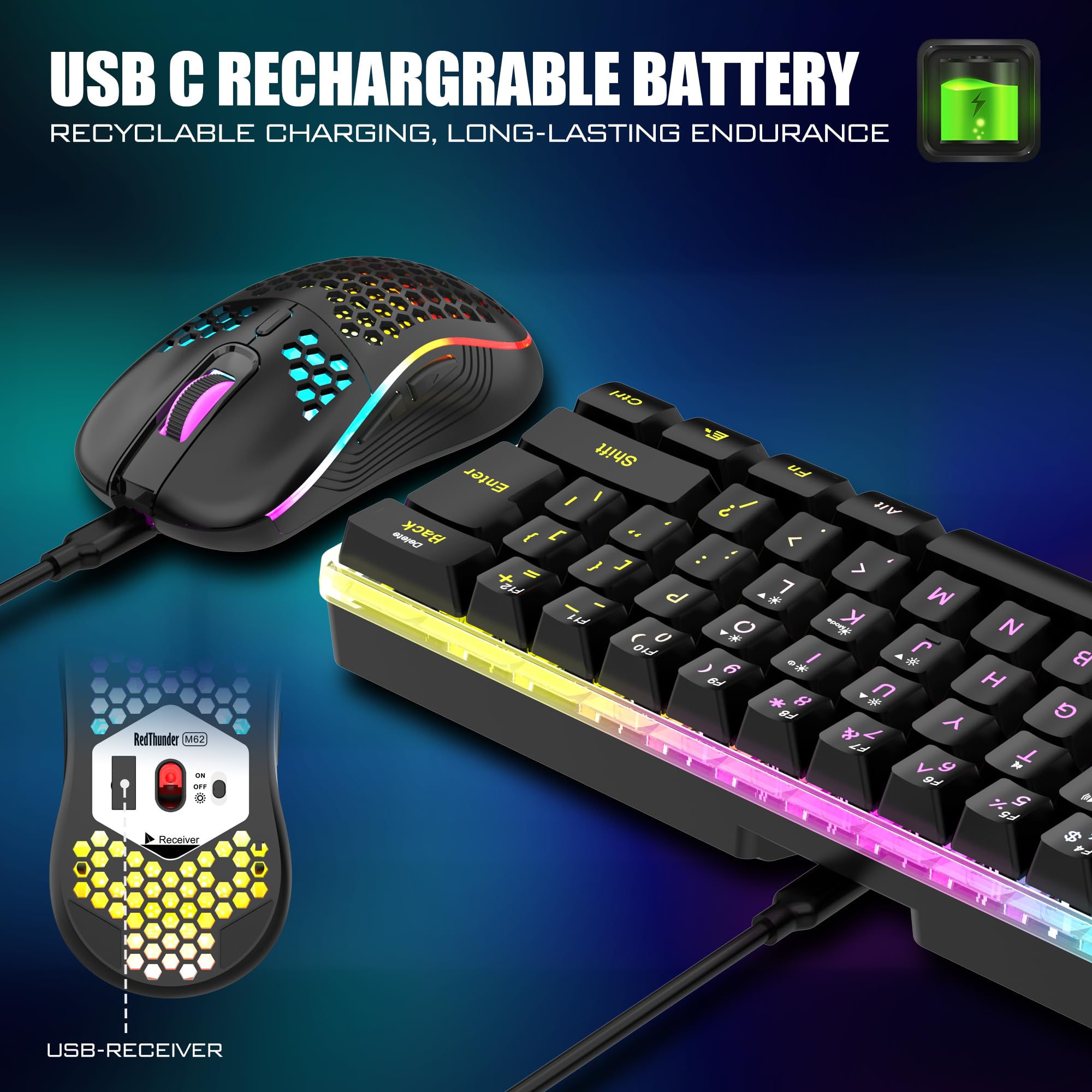 RedThunder 60% Wireless Mechanical Feel Gaming Keyboard & Mouse Combo - RGB Backlit, Rechargeable, Ultra-Compact Design with Ergonomic Honeycomb Optical Mouse for PC Gamers & Office Work | Perfect for Esports, Streaming & Productivity
