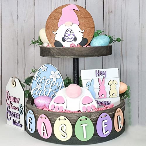 Easter Tiered Tray Decor Set - Rustic Wooden Farmhouse Holiday Ornaments with Jars, Mugs, Gnomes, Greenery, Flowers & Eggs - Perfect for Spring Home Table Decor, Kitchen Countertop, and Holiday Party Centerpiece (Green)