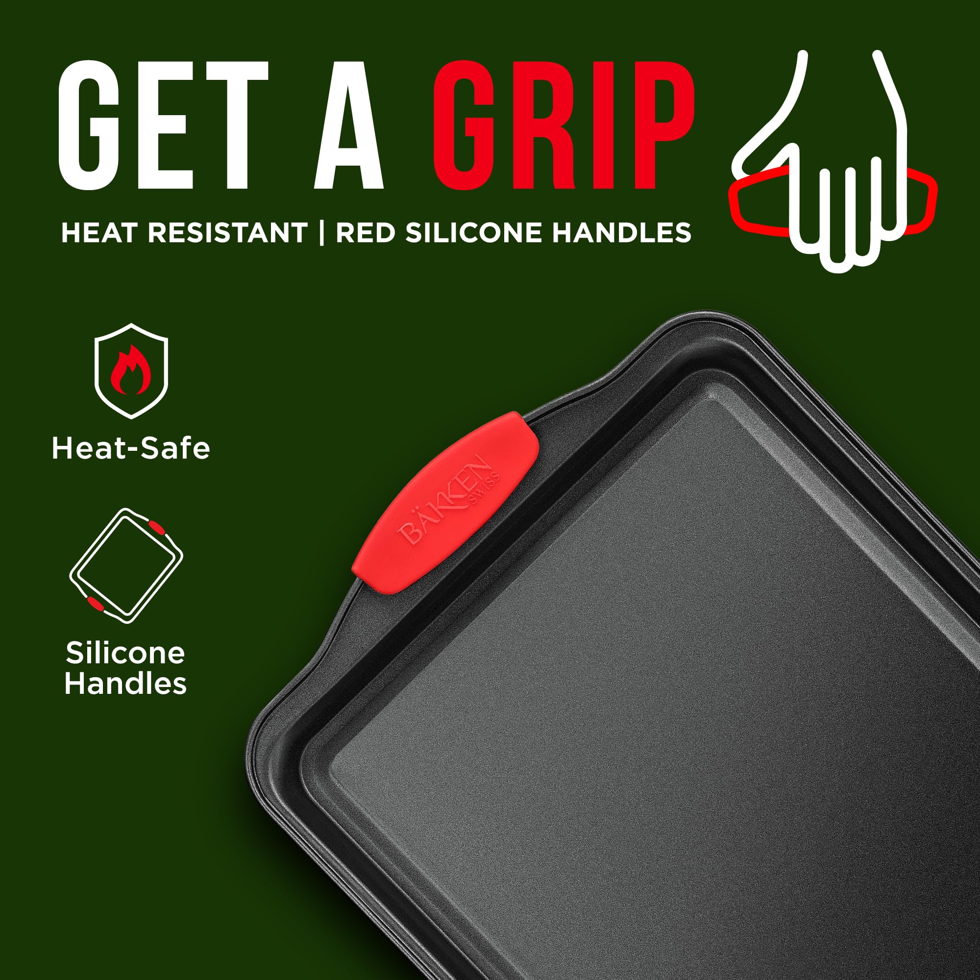Nonstick Carbon Steel Cookie Sheet Pan with Red Silicone Handles - Medium Baking Tray with Gray Coating for Oven, Baking Cookies, Roasting Vegetables & More - Perfect for Home Kitchen & Commercial Use
