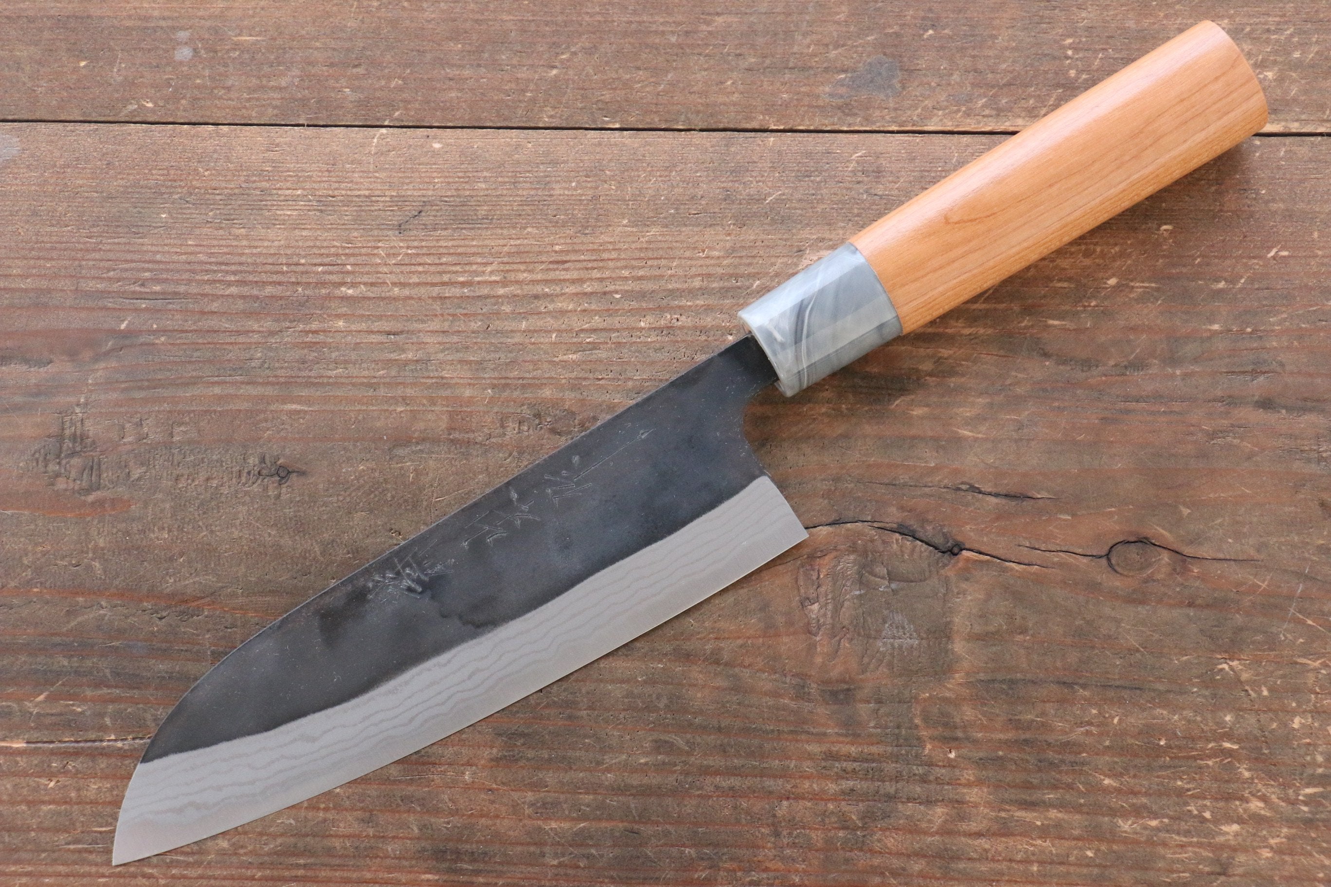 Premium Nao Yamamoto White Steel No.2 Kurouchi Damascus Santoku Knife 170mm with American Cherry Wood Handle - Perfect for Slicing, Dicing & Chopping Vegetables in Professional & Home Kitchens