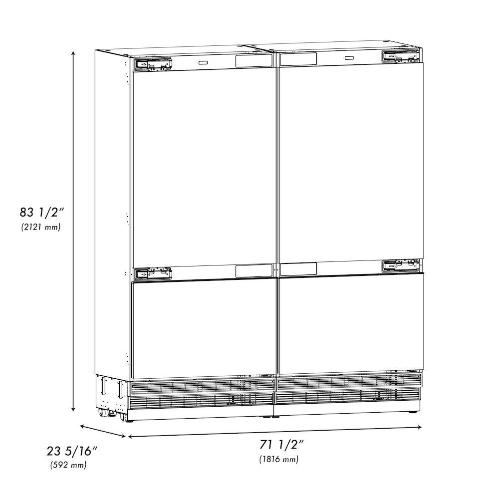 ZLINE 72 Inch 39.6 Cubic Feet Panel Ready French Door Built-In Bottom Freezer Refrigerator with Water Dispenser & Ice Maker (RBIT 72) - Perfect for Modern Kitchens, Restaurants & Luxury Homes