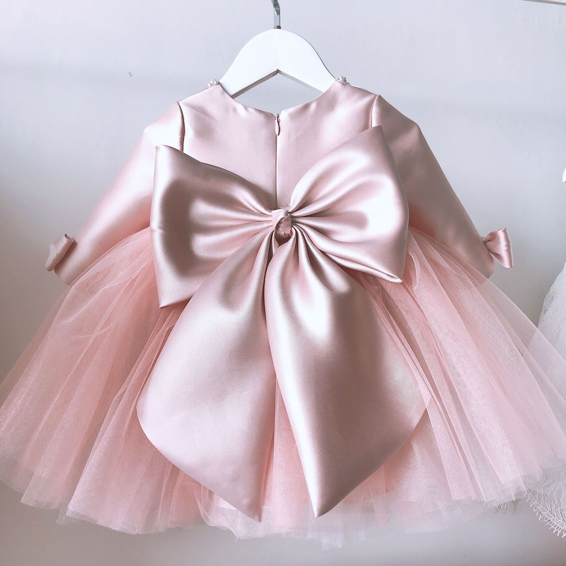 Pink Princess Flower Girl Dress with Beaded Boat Neck & Long Sleeves - Perfect for Weddings, Baptisms & Special Occasions