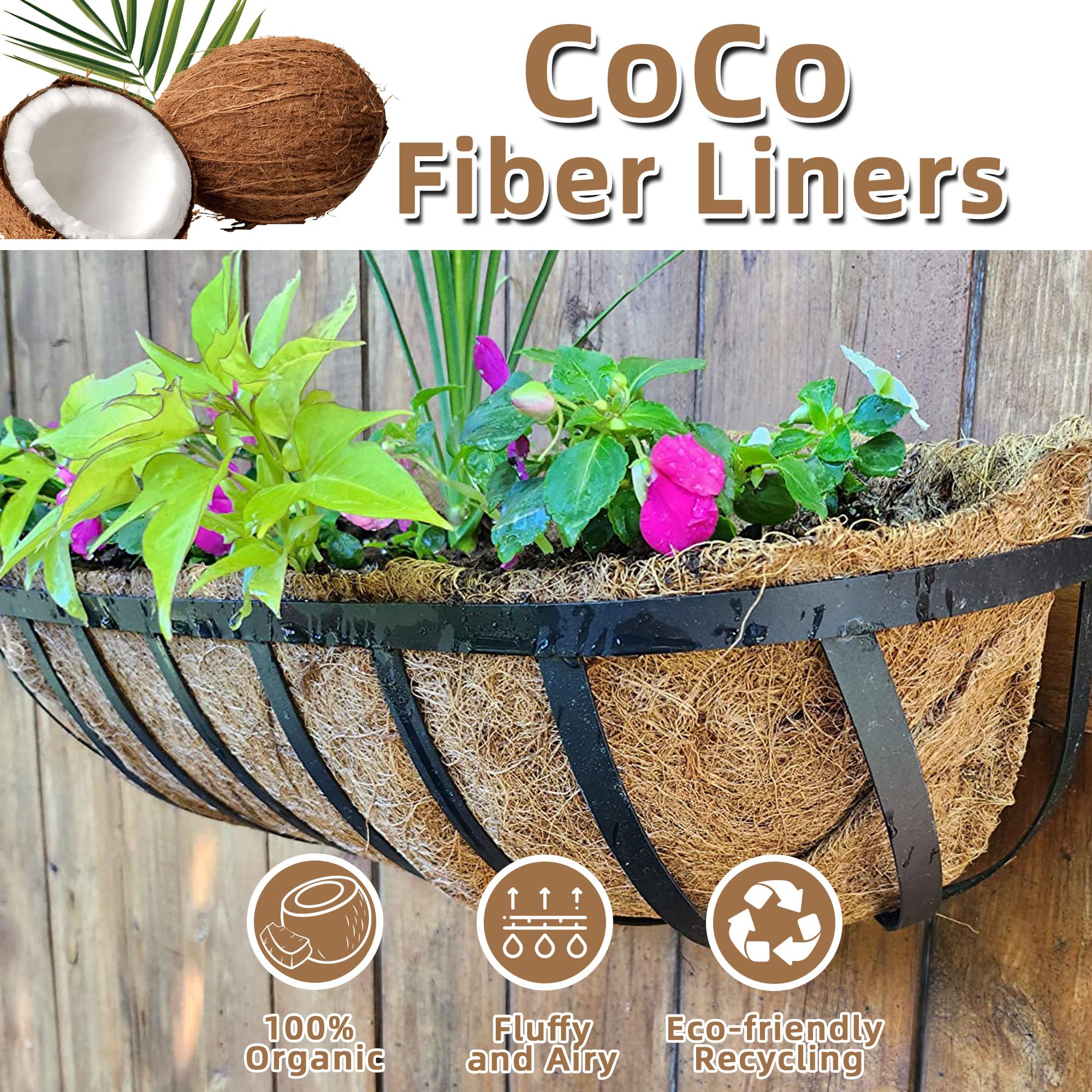 Premium 24 Inch Coco Liners for Planters - 4 Pack Natural Coconut Fiber Plant Basket Liners for Window Boxes, Wall Planters & Outdoor Gardens | Perfect for Balcony, Patio & Vertical Gardening