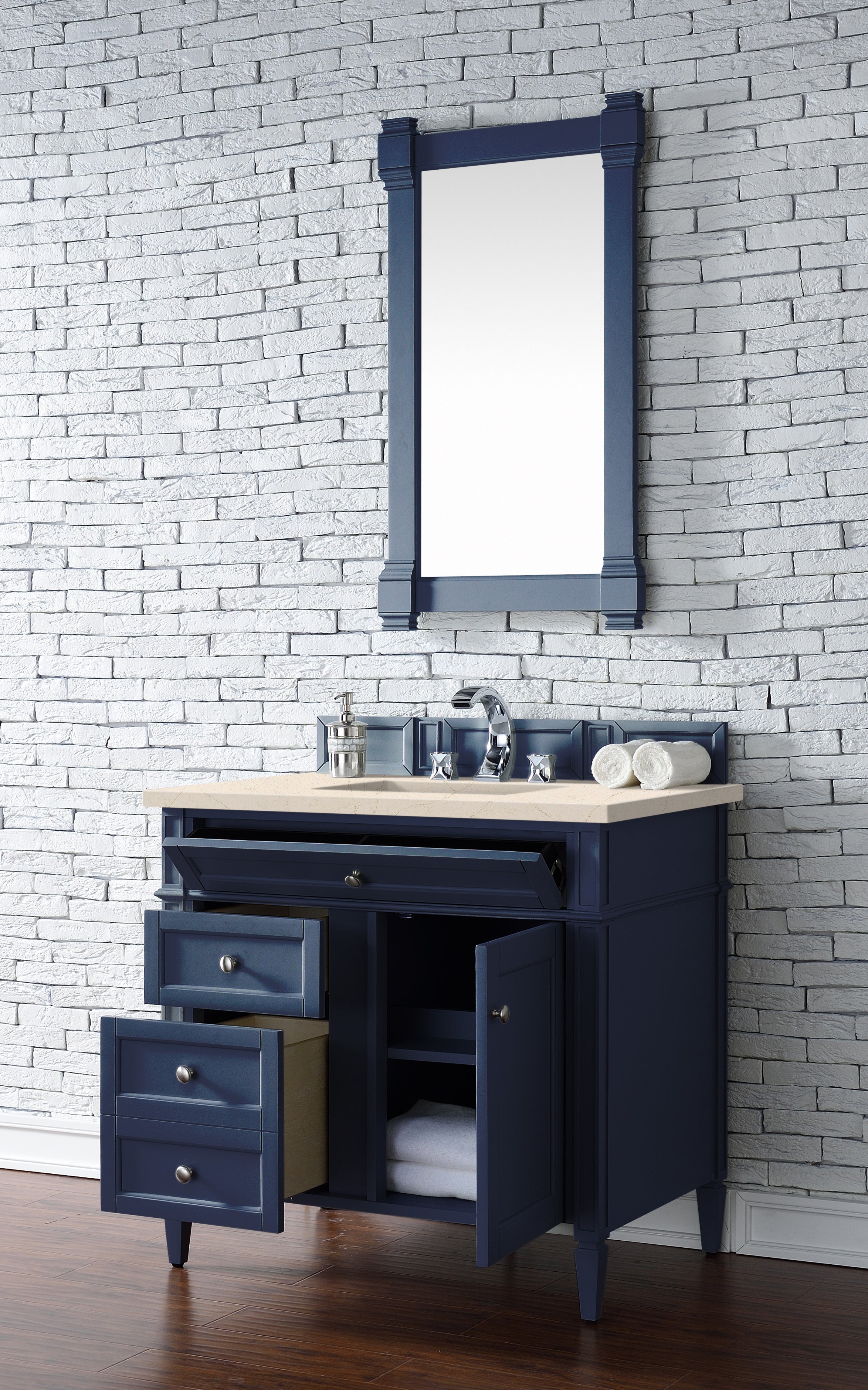 Brittany 36 Inch Victory Blue Bathroom Vanity with 3CM Eternal Marfil Quartz Countertop - Modern Single Sink Vanity for Small Bathrooms & Powder Rooms