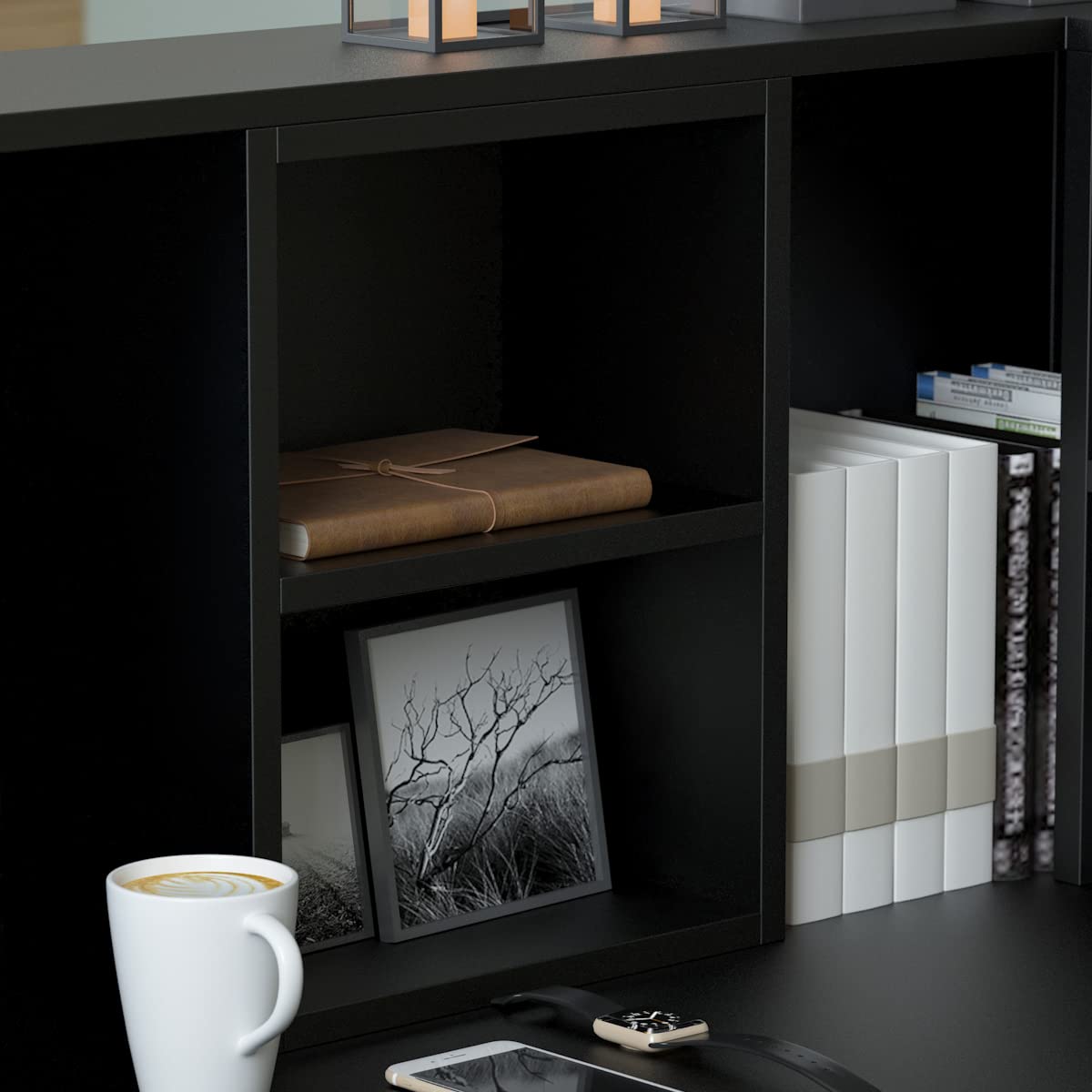 Modern Reception Counter with Large Storage Shelves & Drawers - Black | Retail Front Desk for Office, Hotel, or Clinic Reception Area