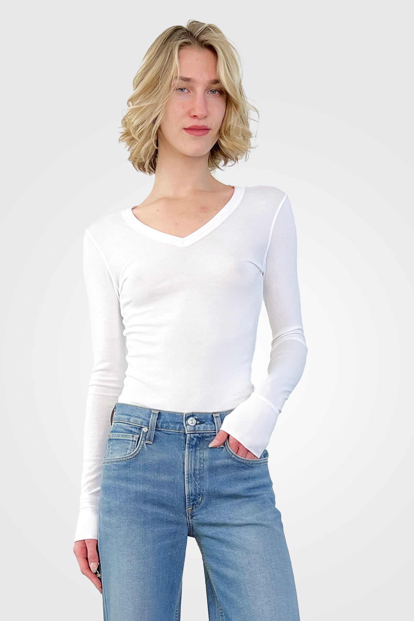 Premium Long Sleeve V-Neck T-Shirt for Women - Soft Cotton Comfort Fit White Top - Perfect for Work, Casual Outfits & Layering