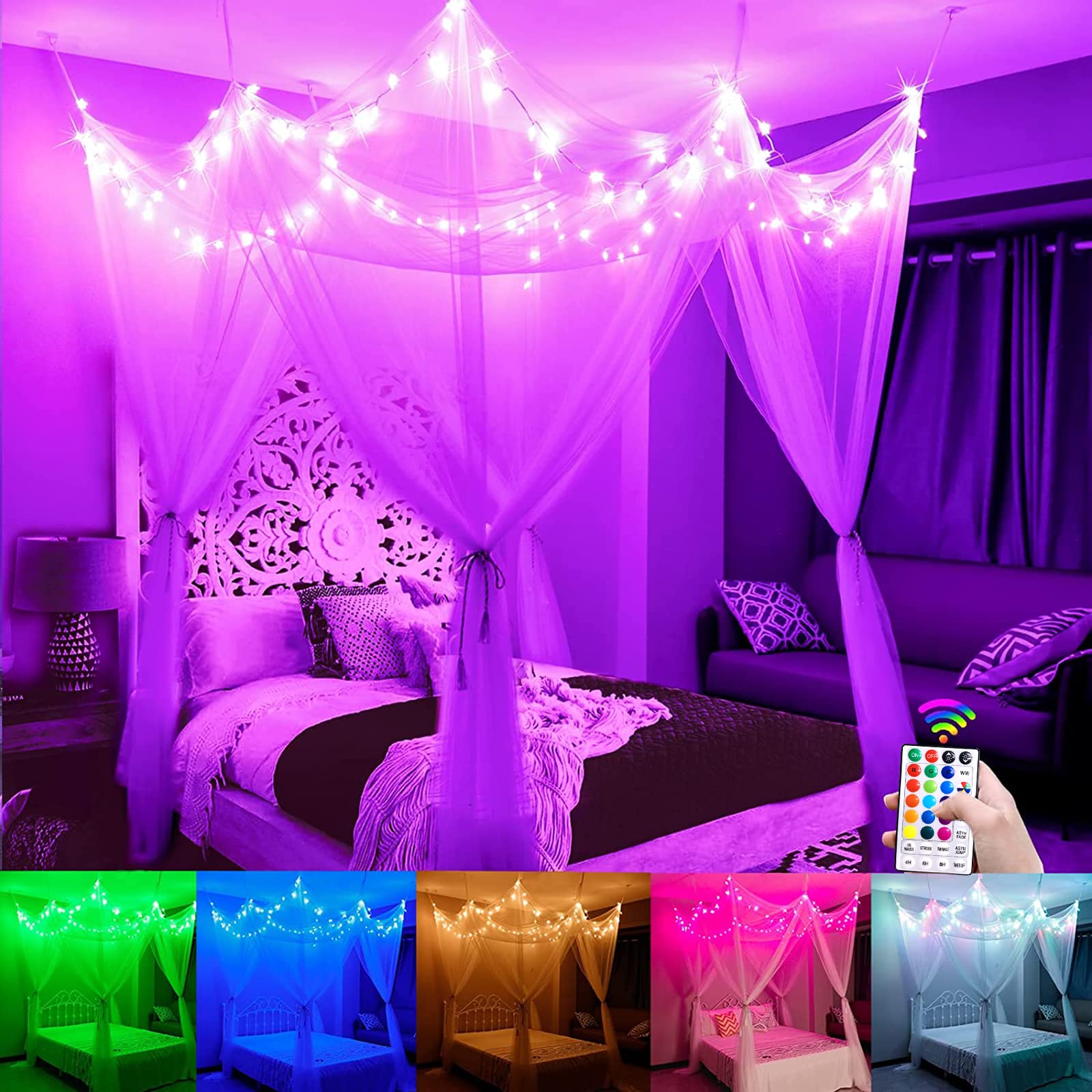 **White Princess Bed Canopy with 100 LED Color Changing Star Lights - Remote Control, 8 Corner Hanging Curtains for Full/Queen/King Beds - Perfect for Girls' Bedroom, Christmas Decor & Romantic Ambiance**    *(Use: Ideal for kids' rooms, holiday decorations, weddings, or creating a dreamy sleep space)*