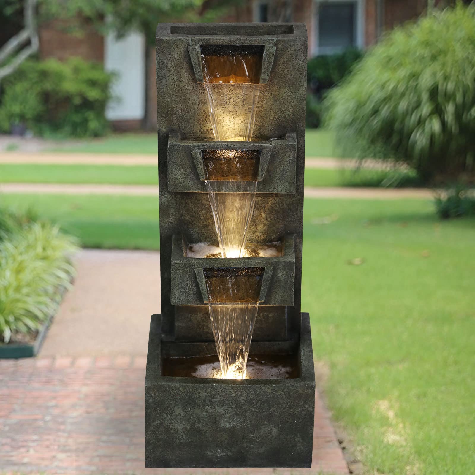 3-Tier Modern Industrial Water Fountain with LED Lights - Indoor/Outdoor Floor Standing Fountain for Garden, Patio, Porch, Yard - 33