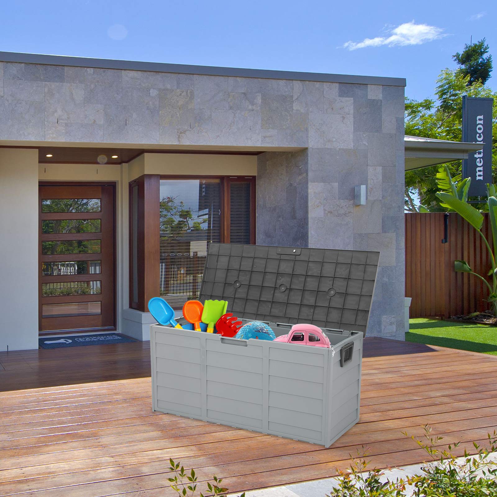 75 Gallon Waterproof Outdoor Storage Box - Deck Box for Patio Cushions, Furniture, Garden Tools & Pool Toys | Durable Gray Storage Container for Backyard, Poolside & Garden Organization