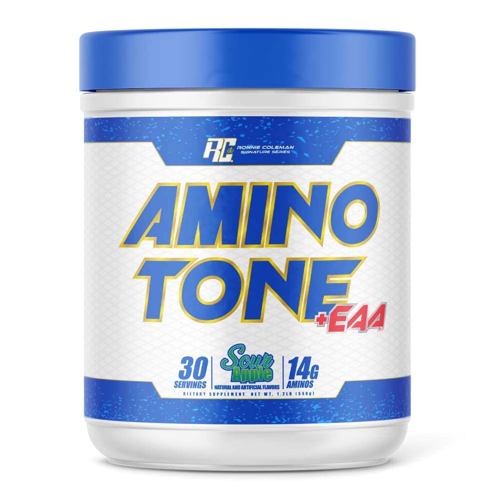 Ronnie Coleman Signature Series Amino-Tone EAAs Powder with BCAAs - Essential Amino Acids for Muscle Recovery & Hydration Post Workout - Sour Apple Flavor, 30 Servings - Ideal for Gym, Fitness & Athletic Performance