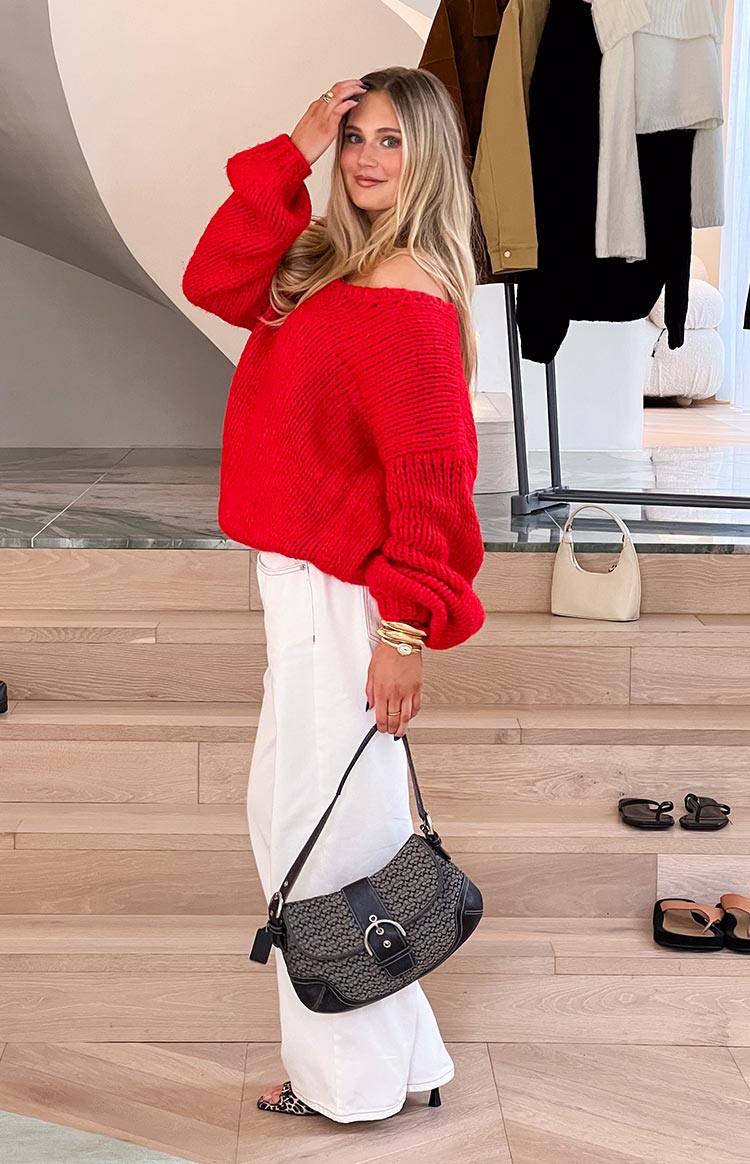 Delvey Red Chunky Knit Sweater for Women - Cozy Oversized Winter Pullover | Perfect for Christmas, Casual Outfits & Cold Weather Fashion